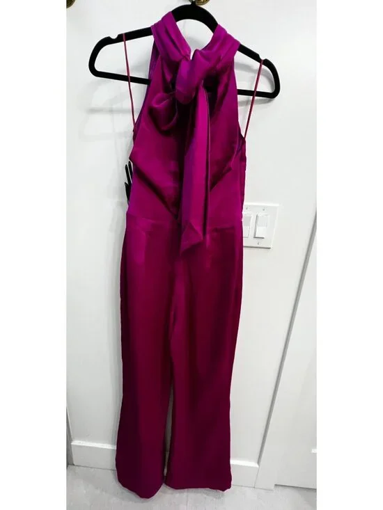 HARLYN Tie Back High Neck Satin Jumpsuit Size S Magenta Event Cocktail Wedding - Picture 8 of 11